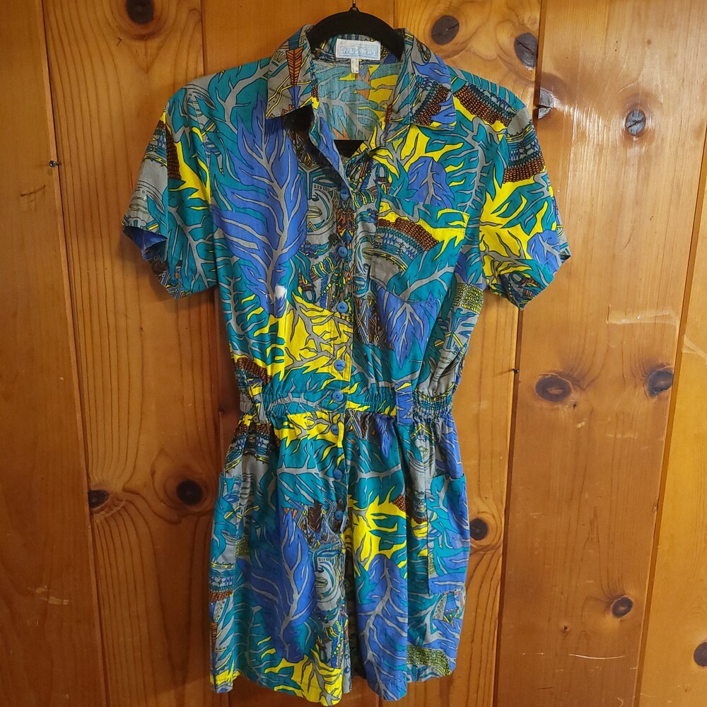 Vintage 80s NU-NAT Short Sleeve romper Colorful Abstract Pattern Blue Yellow